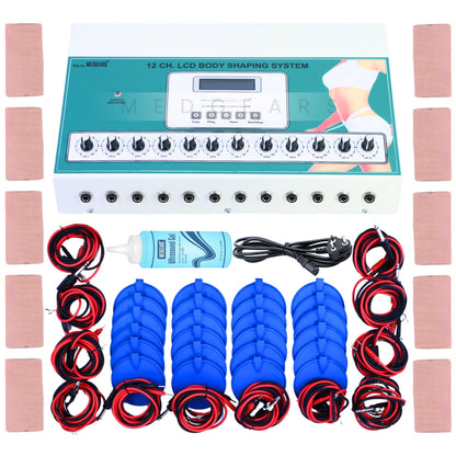 Electrotherapy device with blue pads, red and black wires, and a control panel on a white background.