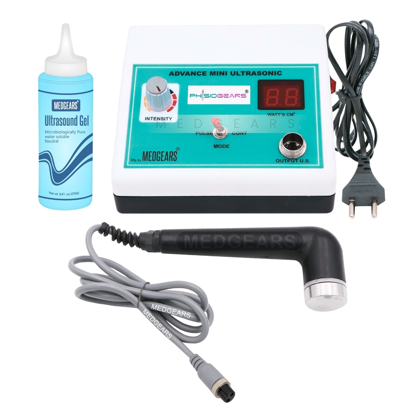 Physiogears ultrasonic machine with probe, gel, and power cord on a white background