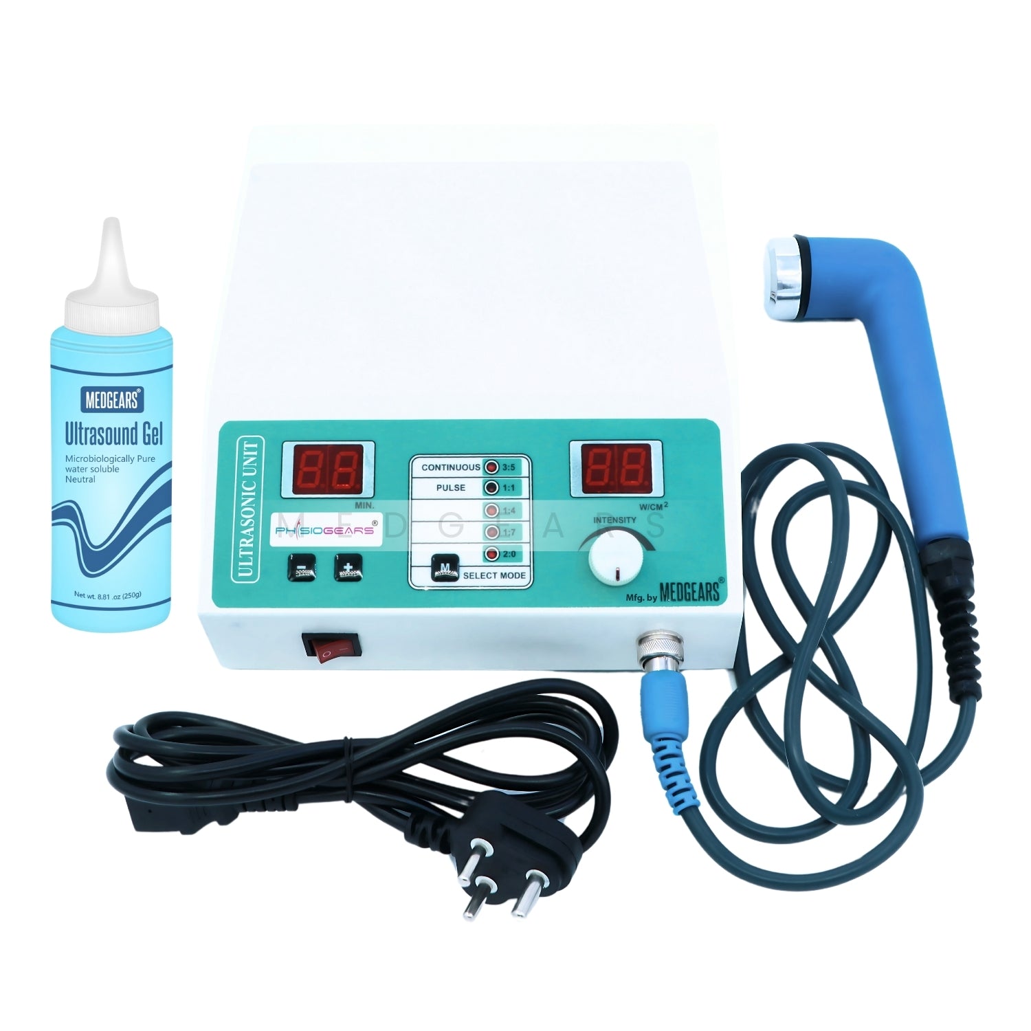 Ultrasound machine with probe, control panel, and ultrasound gel bottle on a white background