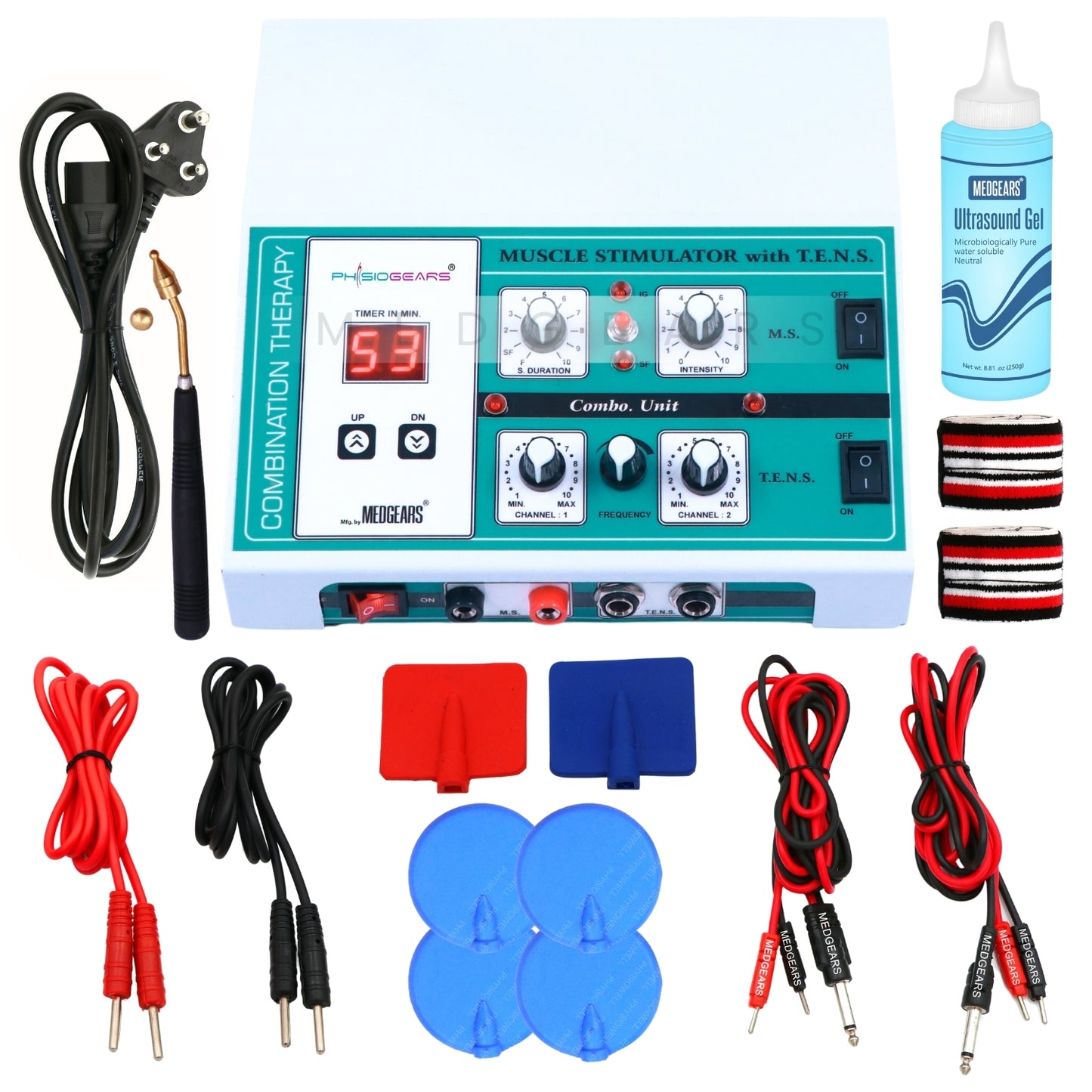 Muscle stimulator kit with various components on a white background