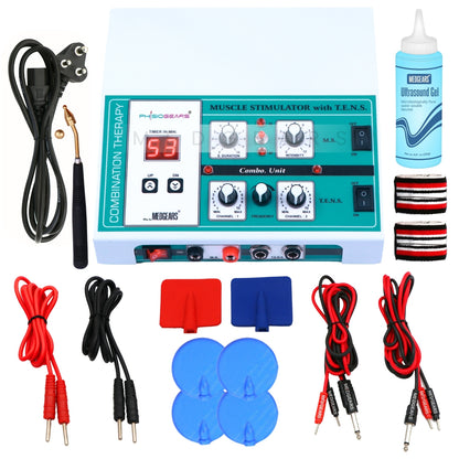 Muscle stimulator kit with various components on a white background