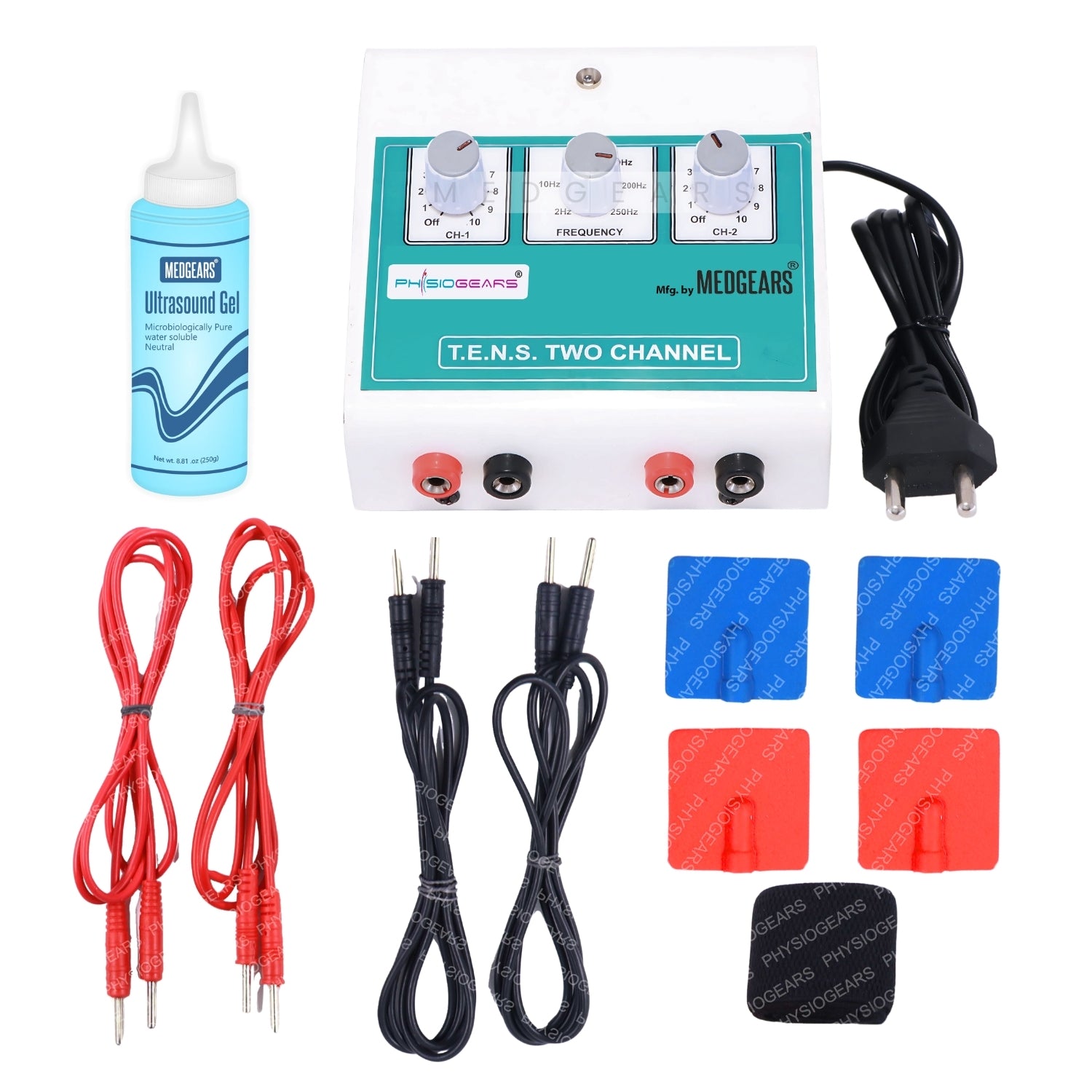 TENS unit with accessories including ultrasound gel, leads, and electrodes on a white background