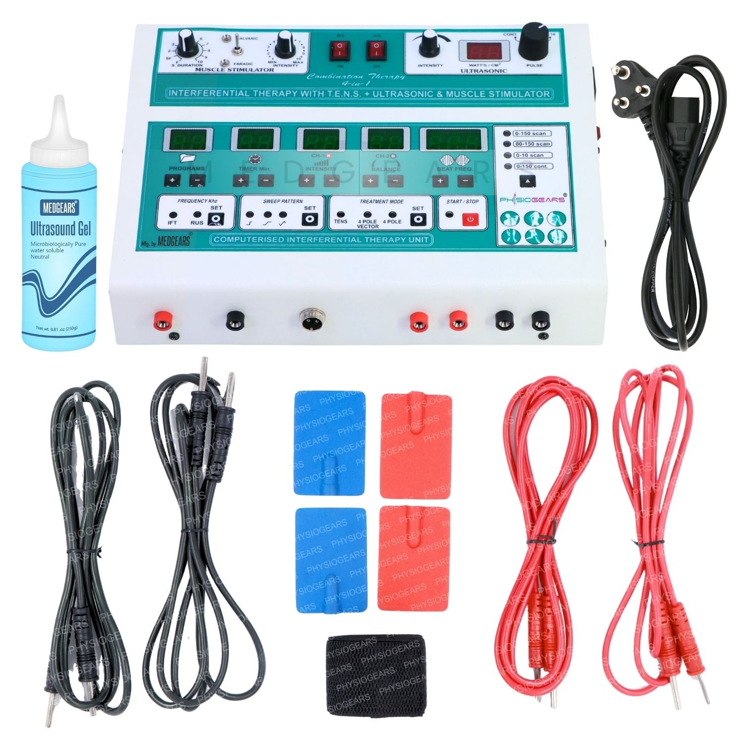 Electrotherapy device with cables and pads on a white background