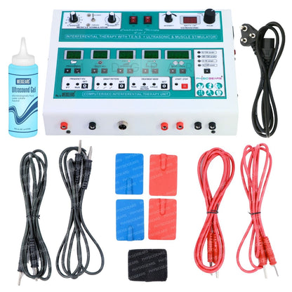 Electrotherapy device with cables and pads on a white background