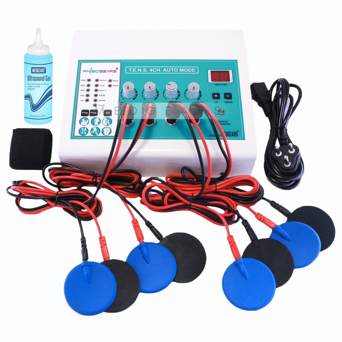 TENS unit with electrodes and accessories on a white background