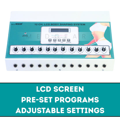 LCD body shaping system with digital display and control knobs on a white background