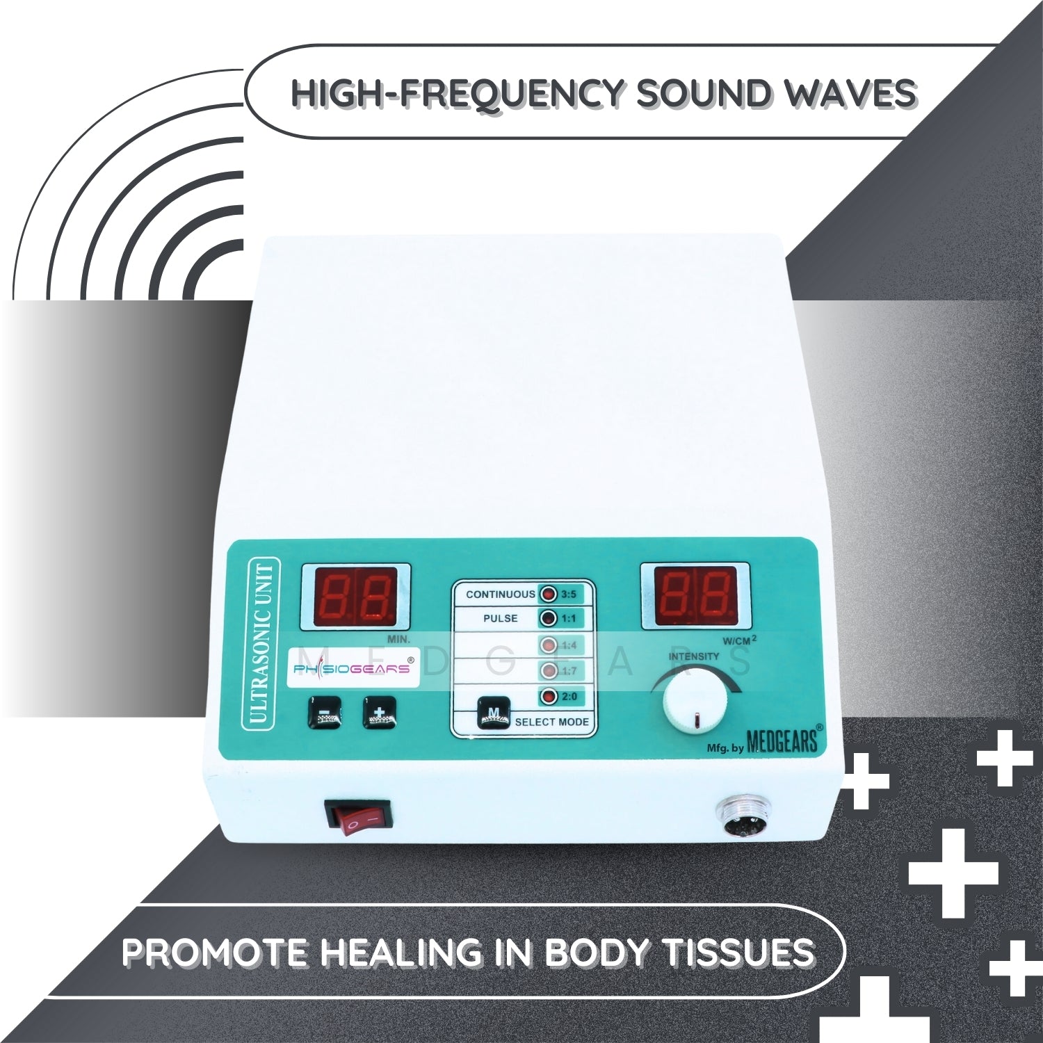 Medical device with digital display and control panel on a gray background, promoting high-frequency sound waves for healing.