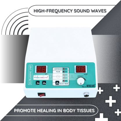 Medical device with digital display and control panel on a gray background, promoting high-frequency sound waves for healing.