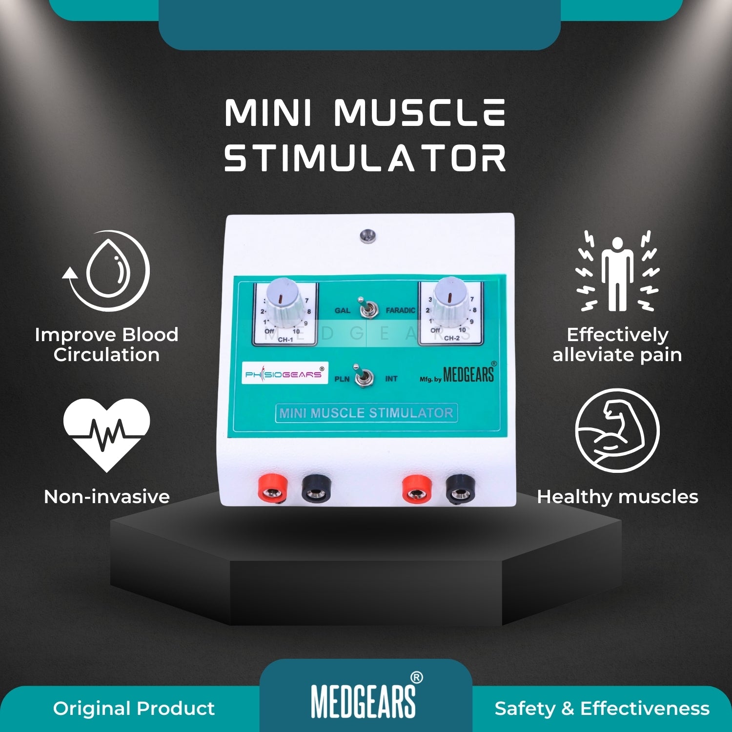 Mini muscle stimulator with features on a dark background