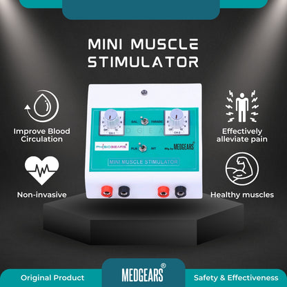 Mini muscle stimulator with features on a dark background