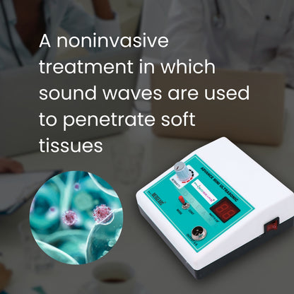 Medical device used for noninvasive treatment with sound waves, surrounded by a blurred medical setting.