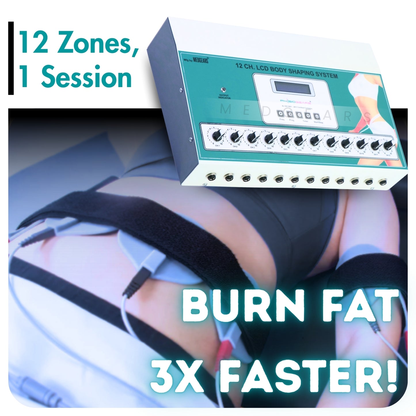 Electrodes on legs with a control panel labeled '12 Zones, 1 Session' and 'Burn Fat 3X Faster!' on a white background.