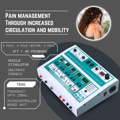 Pain management device with text on pain relief and features, inset image of person with shoulder pain.