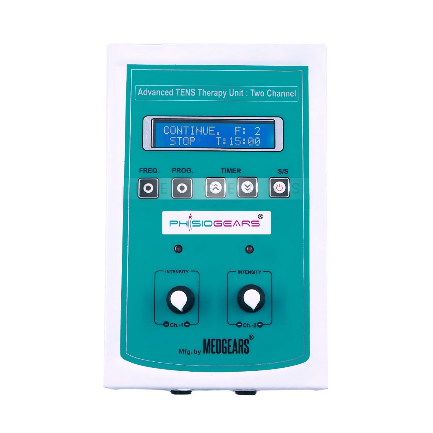 Teal TENS therapy unit with digital display and control buttons on a white background