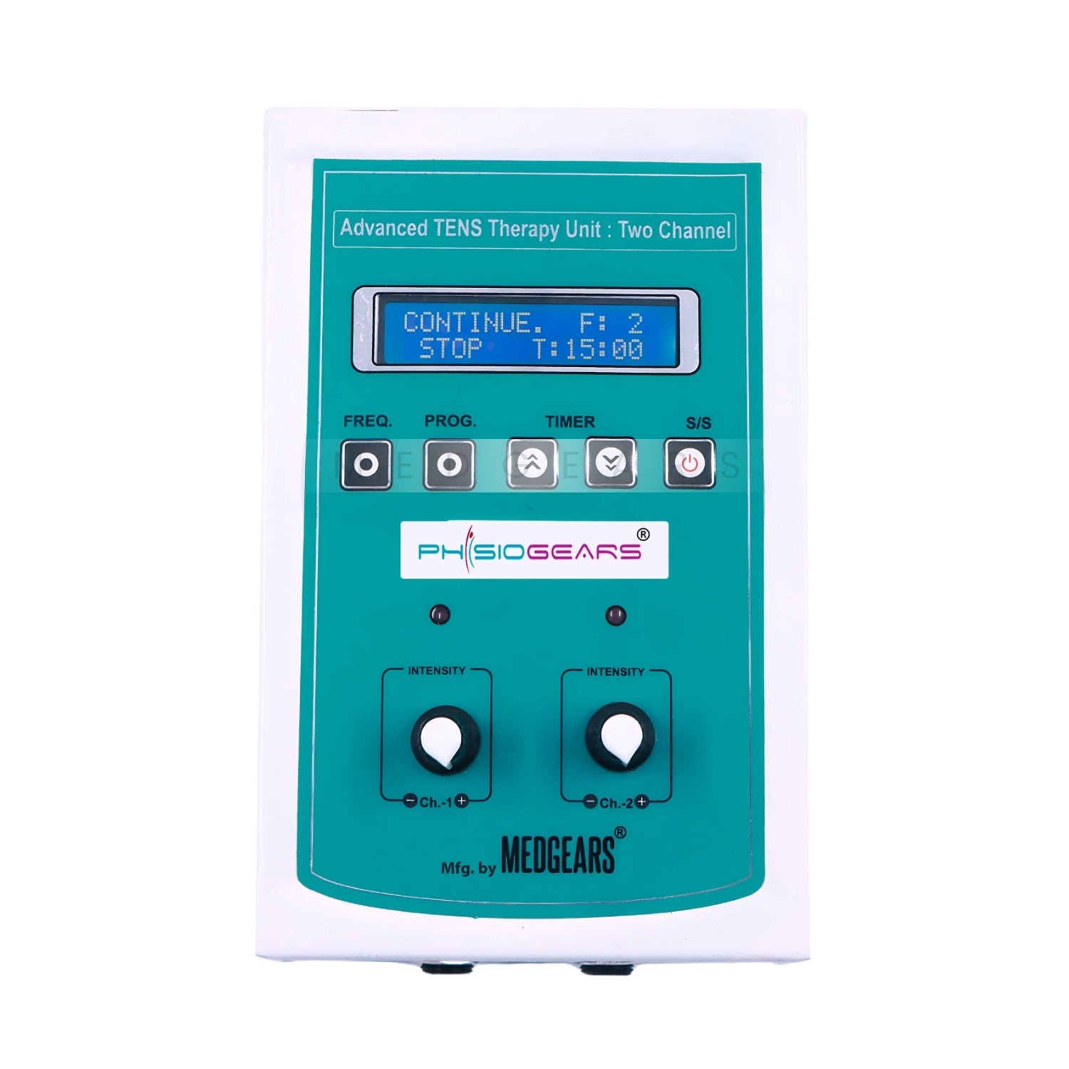 Teal TENS therapy unit with digital display and control buttons on a white background