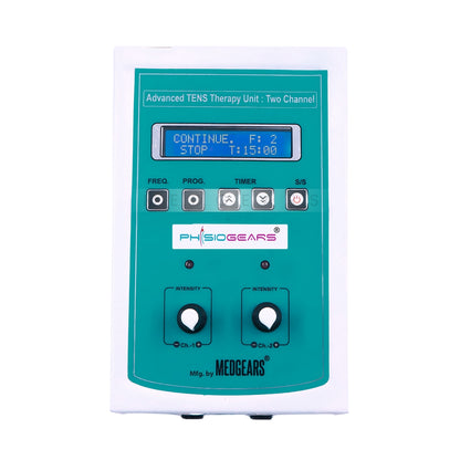 Teal TENS therapy unit with digital display and control buttons on a white background