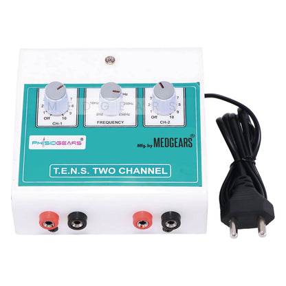 Two-channel T.E.N.S. device with cable on a white background, branded by physiogears.