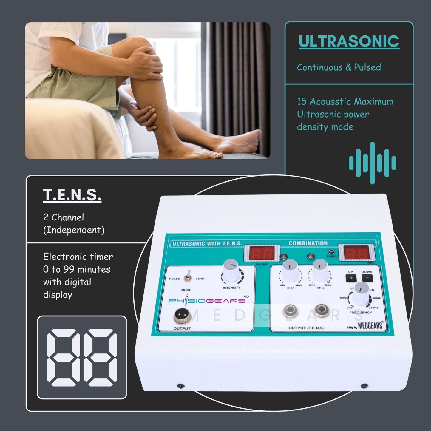 Ultrasound Therapy + Transcutaneous Electrical Nerve Stimulation  2Channels (Electrode Pad)