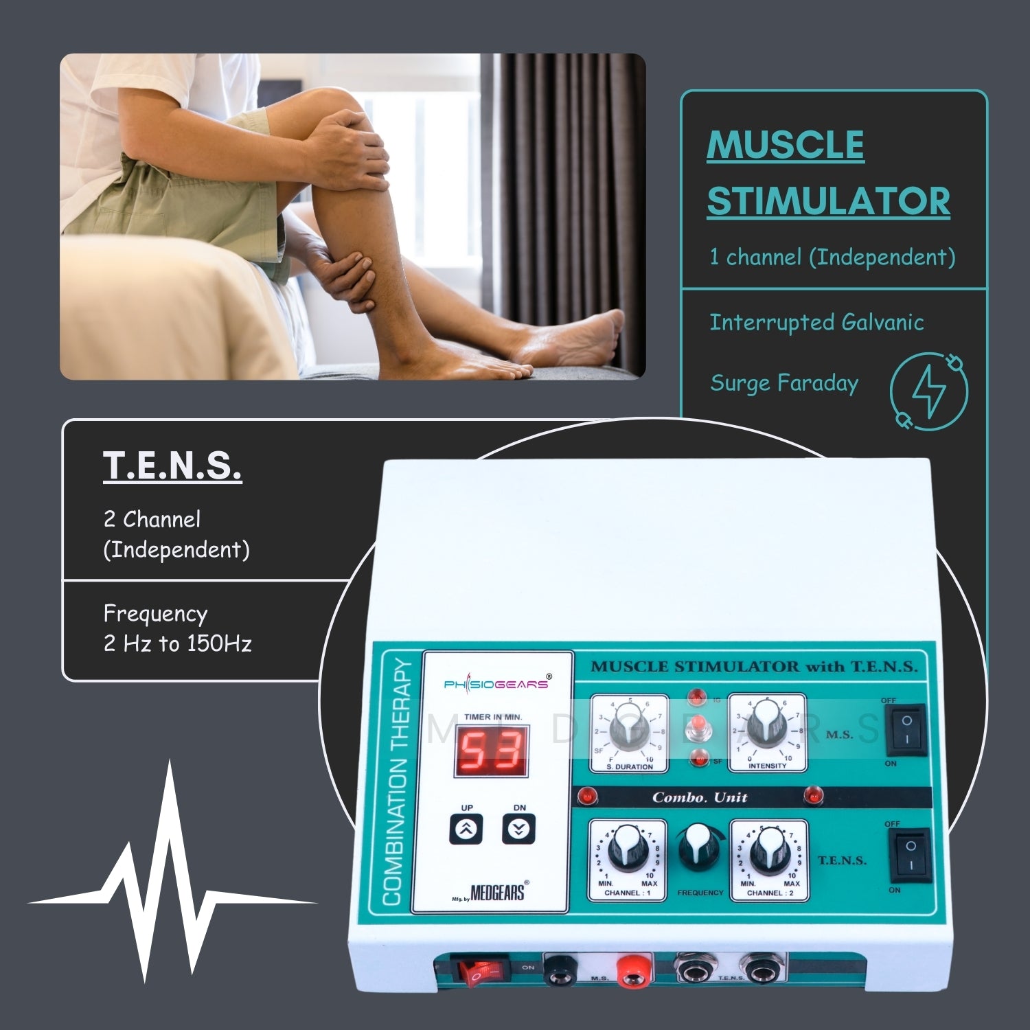 MUSCLE STIMULATOR with T.E.N.S. features on a dark background