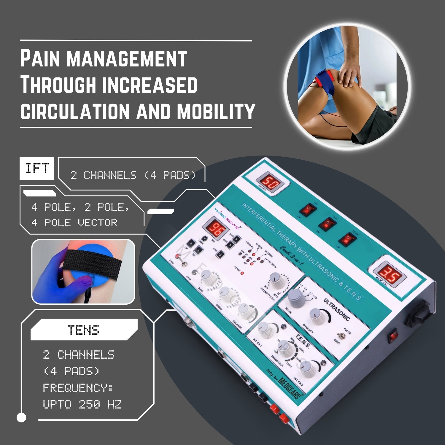 Electrotherapy device with text on pain management and features, on a dark background.