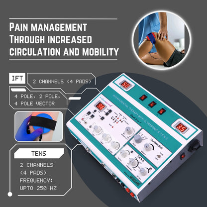 Electrotherapy device with text on pain management and features, on a dark background.