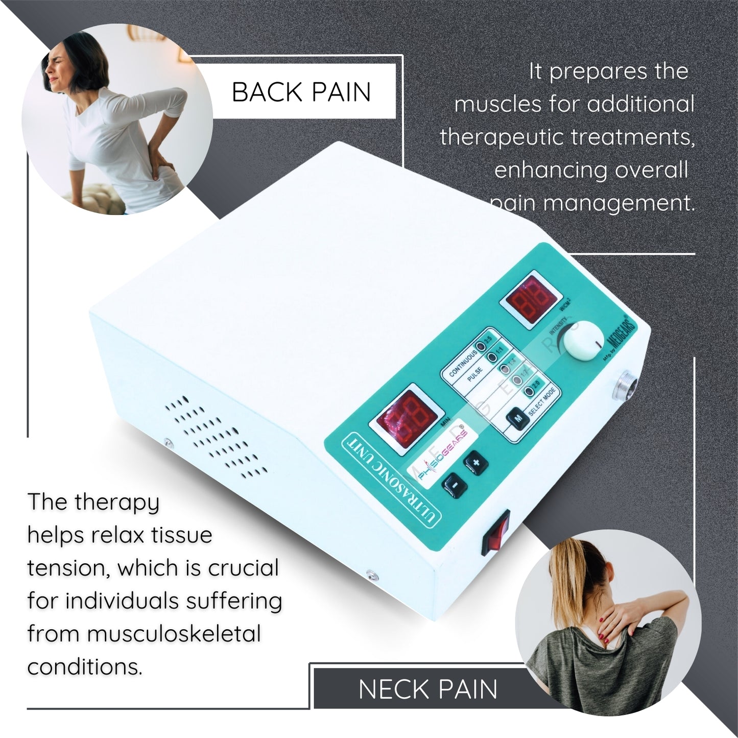 Medical device for back and neck pain relief with text on its benefits.