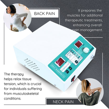 Medical device for back and neck pain relief with text on its benefits.
