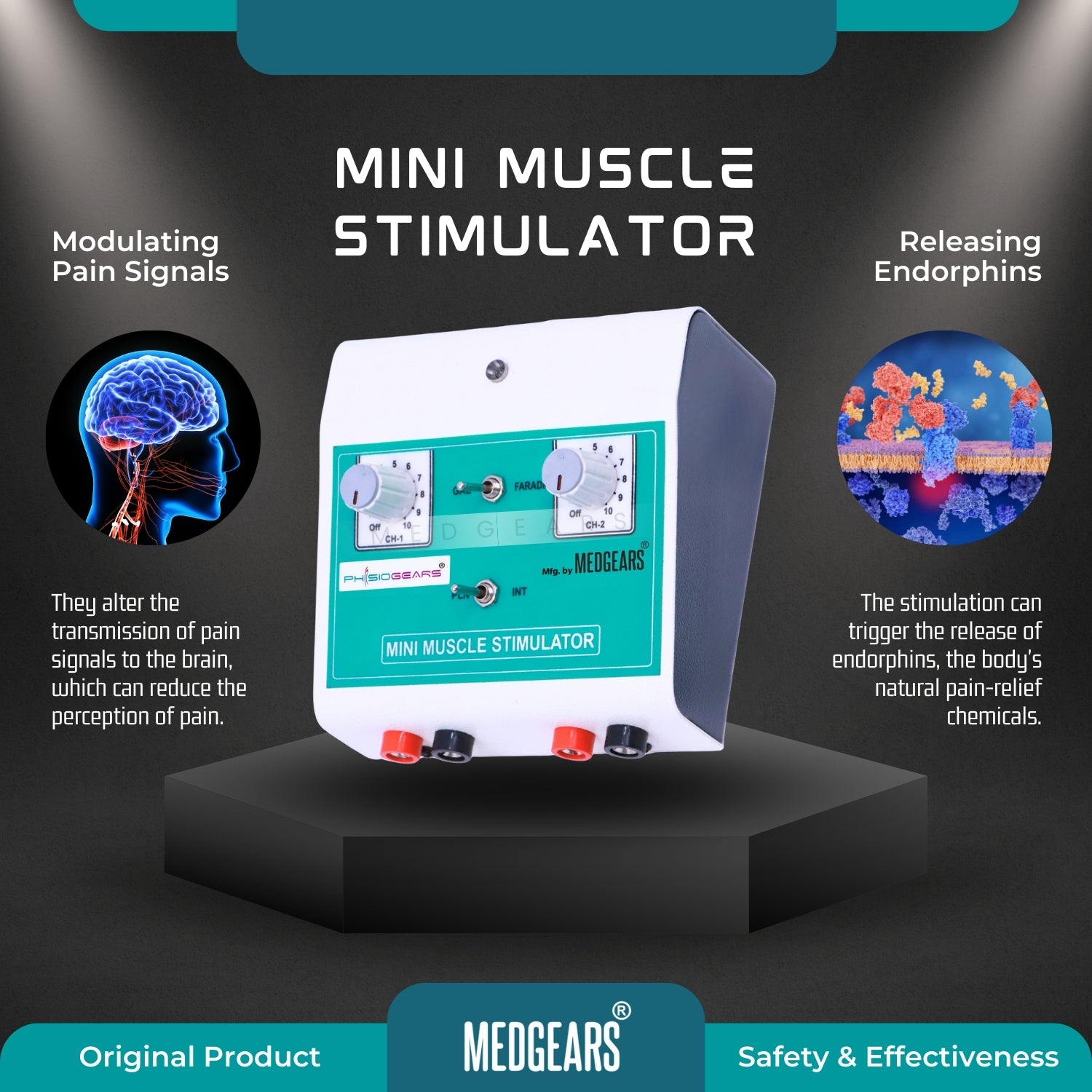 Mini muscle stimulator with text explaining its functions on a dark background