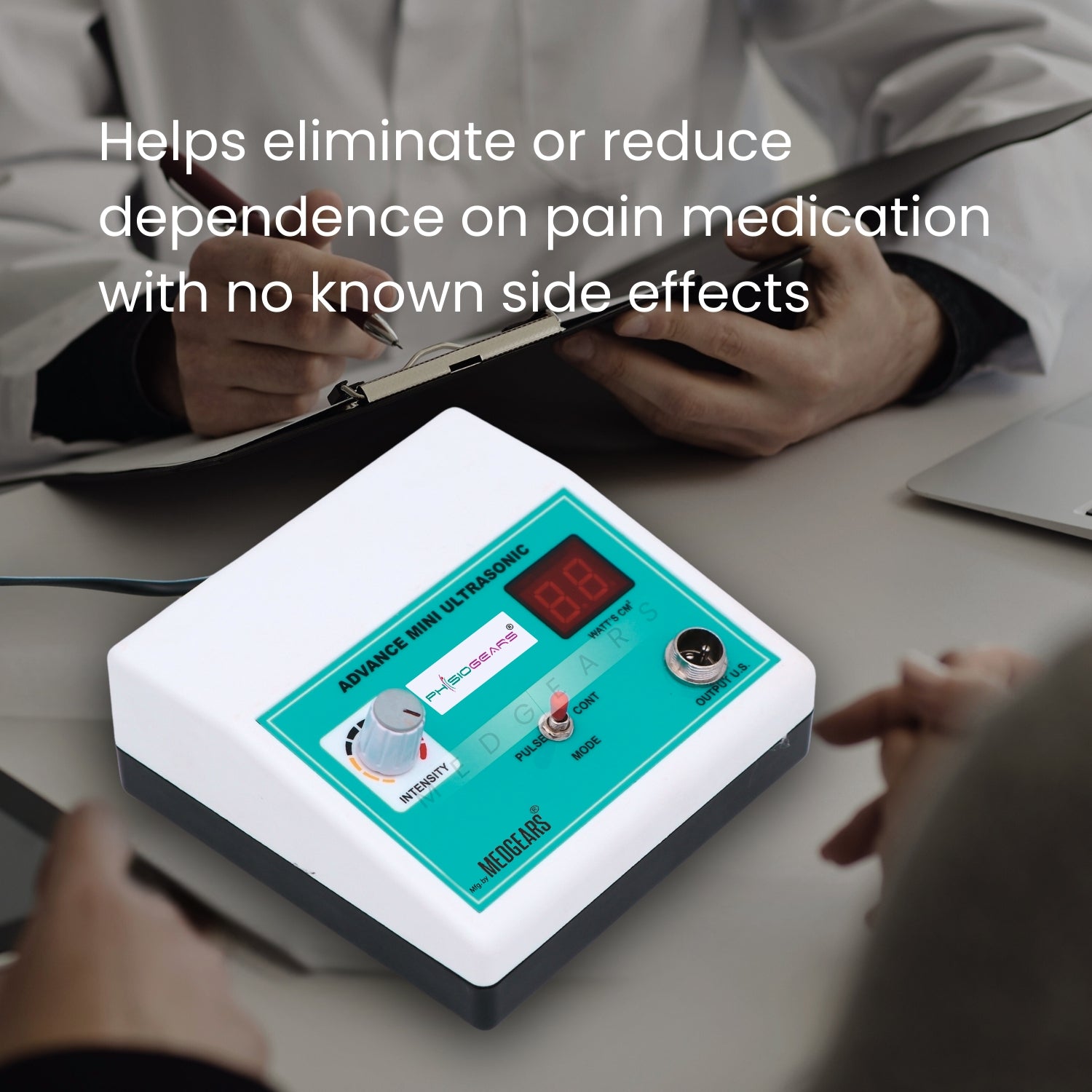 MINI US  on a table with text about pain medication dependence reduction.