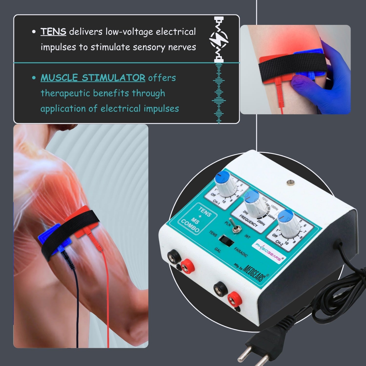 Muscle stimulator device with close-up of application on skin and text explaining TENS and muscle stimulator functions.