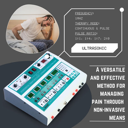 Ultrasonic therapy device with user interface and text on a dark background