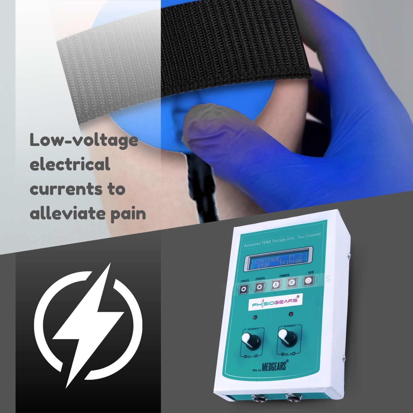 Electrotherapy device with a hand in a blue glove receiving treatment, text about low-voltage electrical currents, and MEDICARE logo.