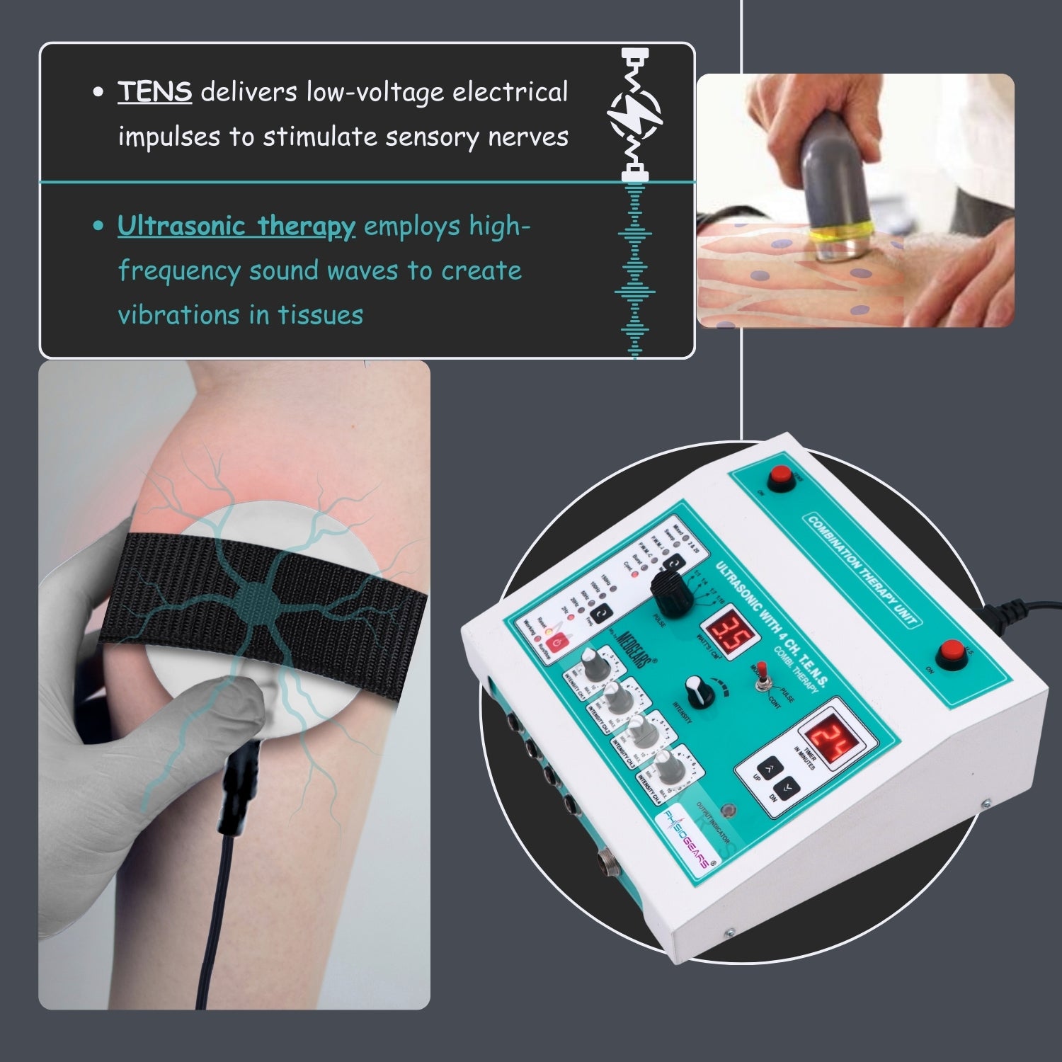 Medical device with text explaining TENS and ultrasonic therapy on a gray background
