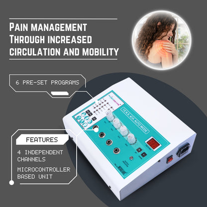 Electrotherapy device for pain management with text on benefits and features.