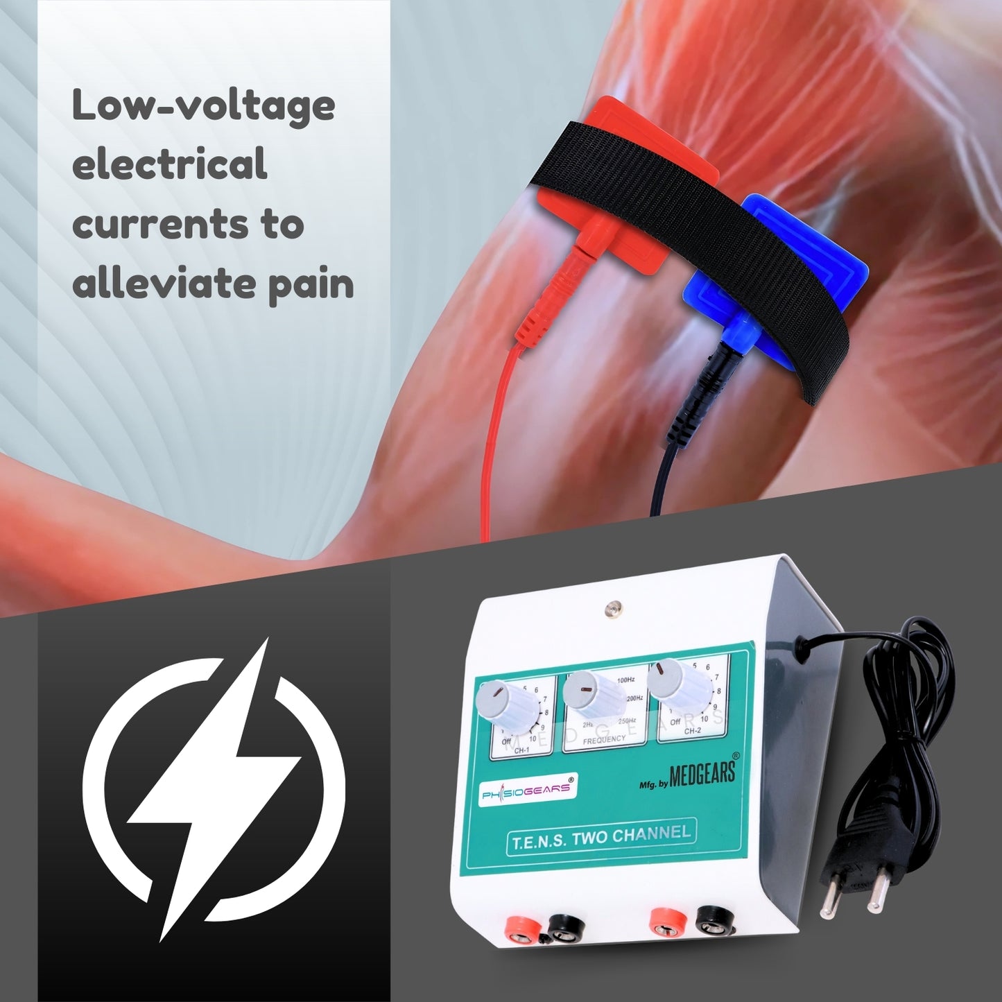 Electrotherapy device with cable attached to a person's leg, labeled 'Low-voltage electrical currents to alleviate pain'.