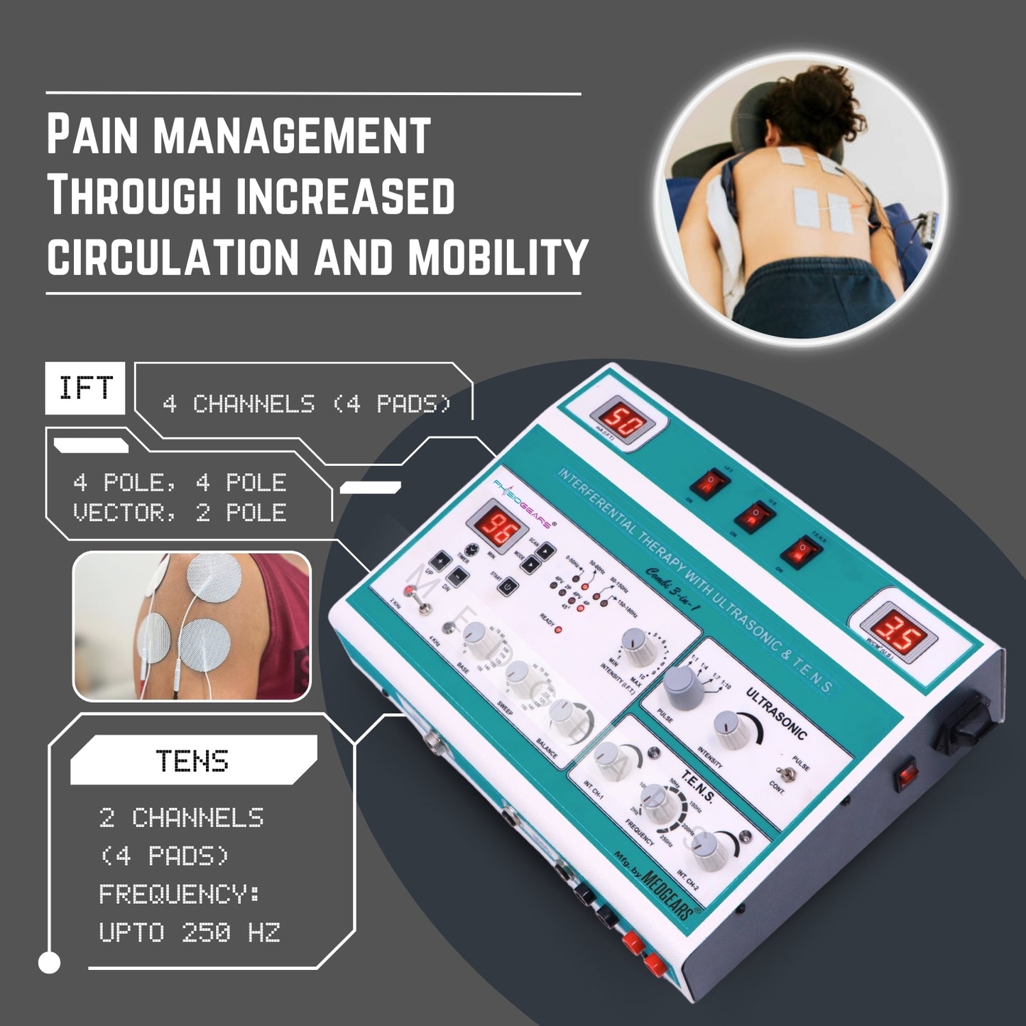 3 IN 1 MANUAL  Interferential Therapy + Ultrasound Therapy + Transcutaneous Electrical Nerve Stimulation (Self Adhesive Pad)