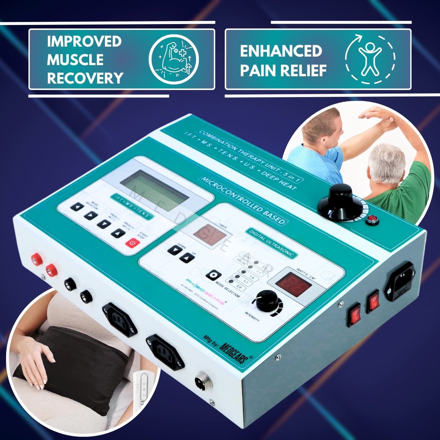 Electrotherapy device with digital display and control buttons on a blue background, featuring text on muscle recovery and pain relief.