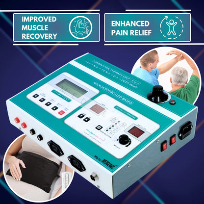 Electrotherapy device with digital display and control buttons on a blue background, featuring text on muscle recovery and pain relief.