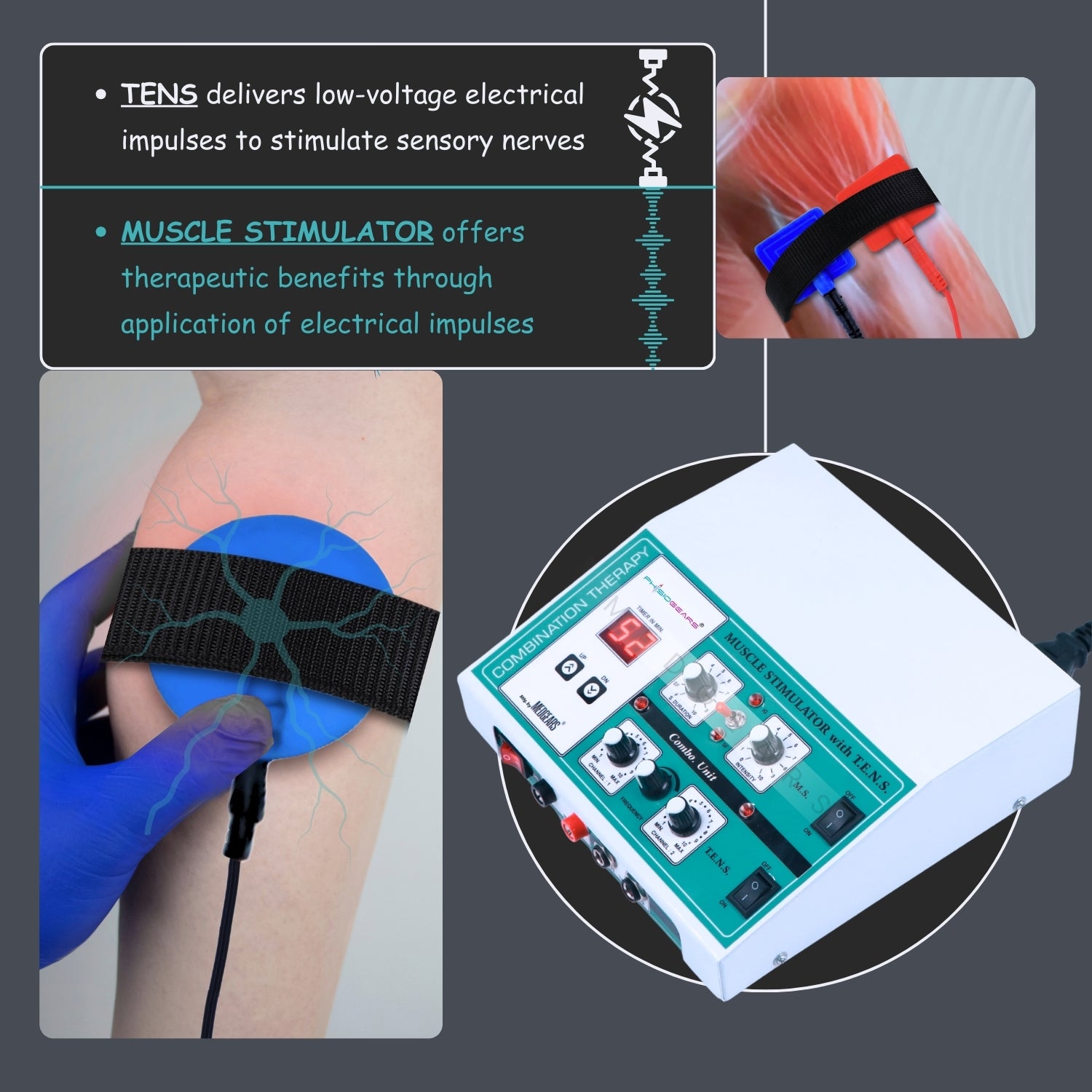 Electric muscle stimulator with close-up of device and application on skin, text explaining TENS and muscle stimulator.
