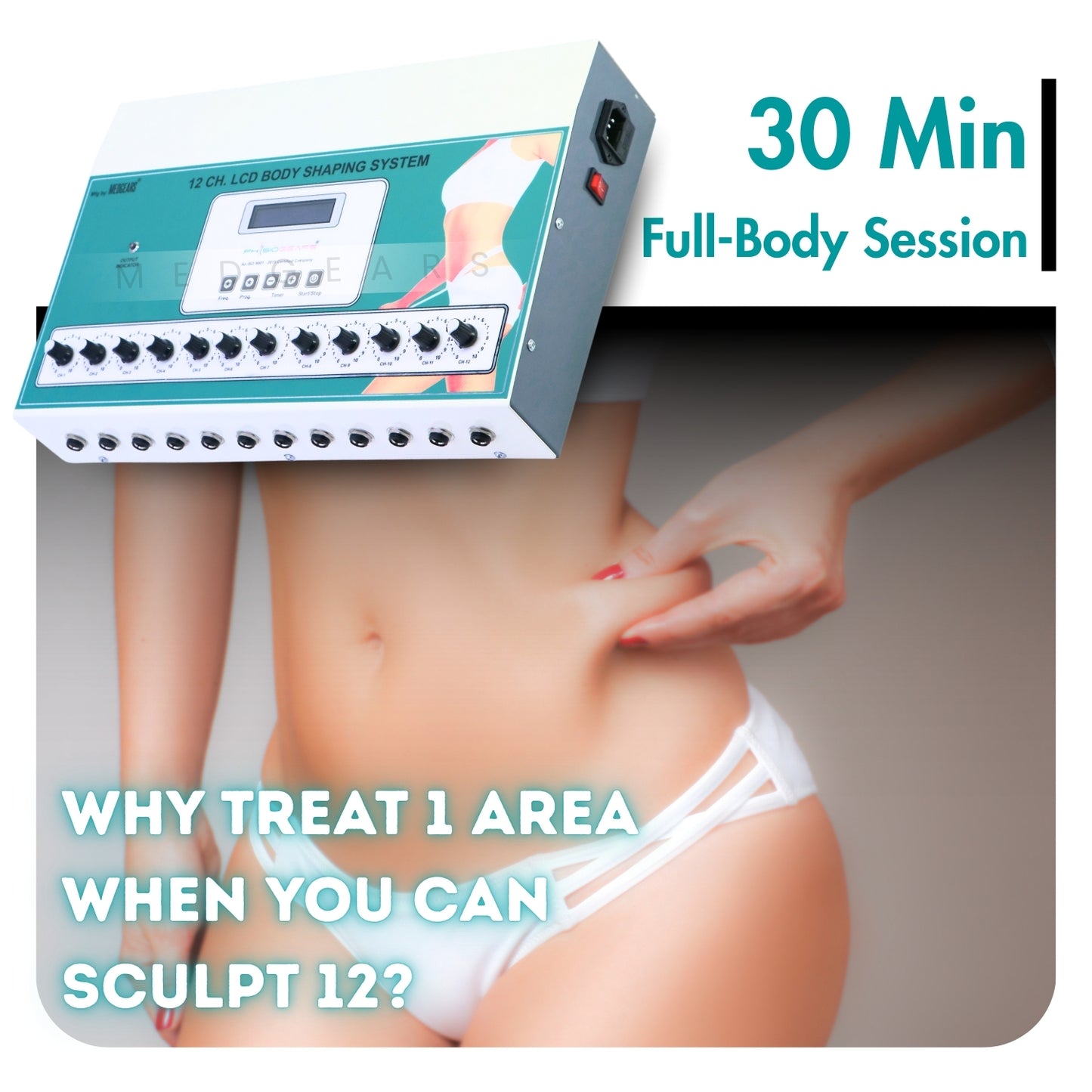 Body shaping system with a digital display and text about a 30-minute full-body session.