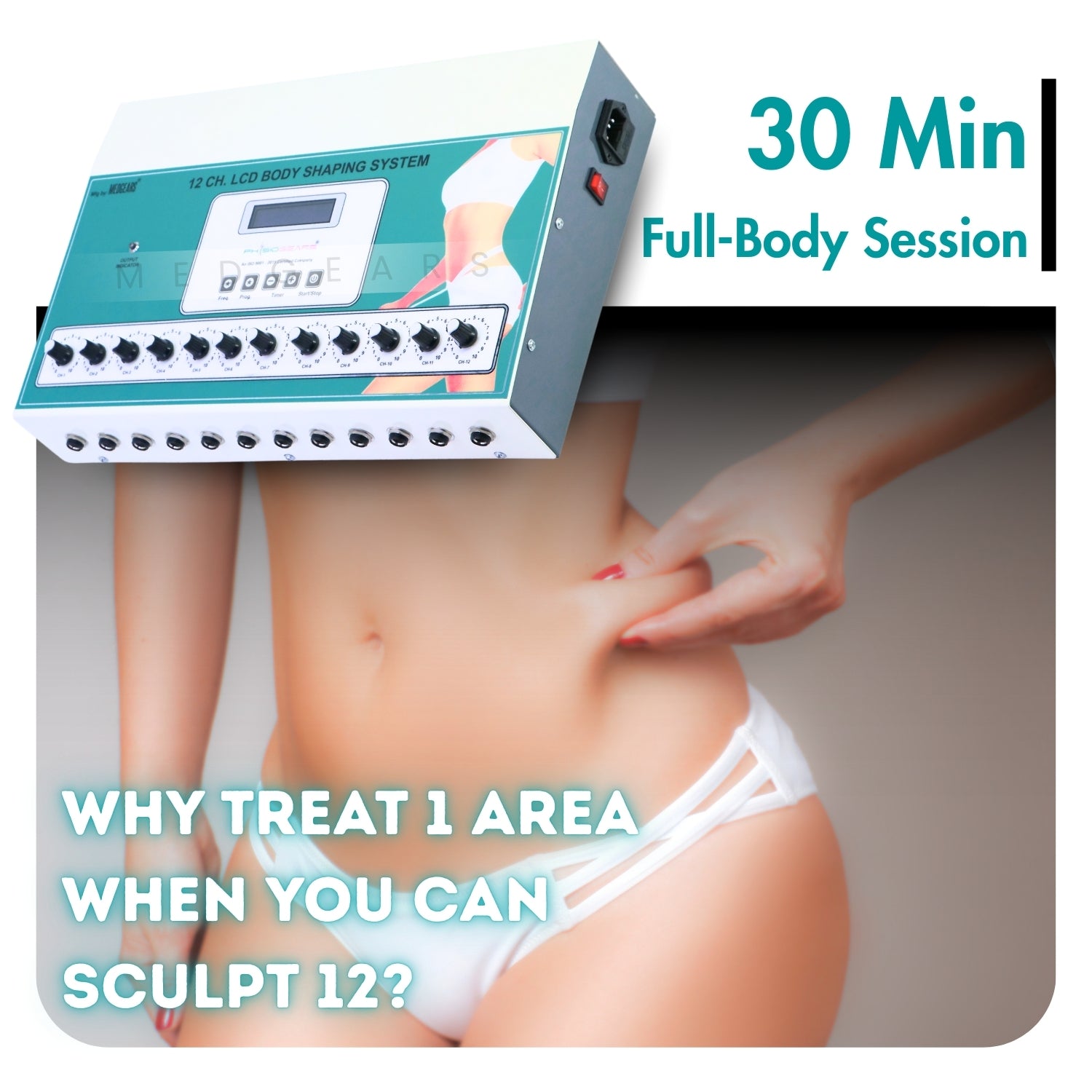 Body shaping system with a digital display and text about a 30-minute full-body session.