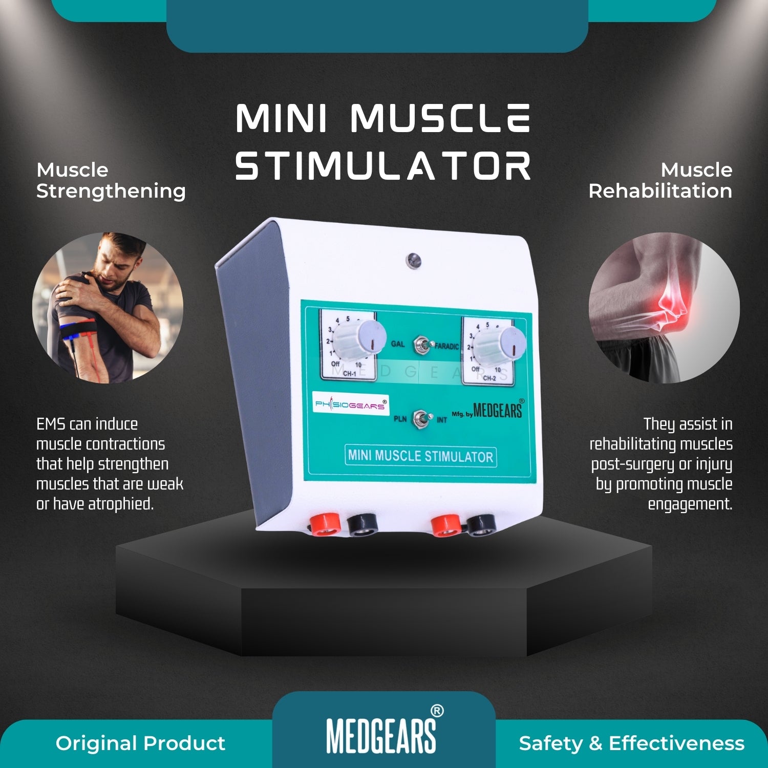 Mini muscle stimulator with text on muscle strengthening and rehabilitation, branded as Physiogears.