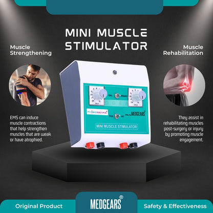 Mini muscle stimulator with text on muscle strengthening and rehabilitation, branded as Physiogears.