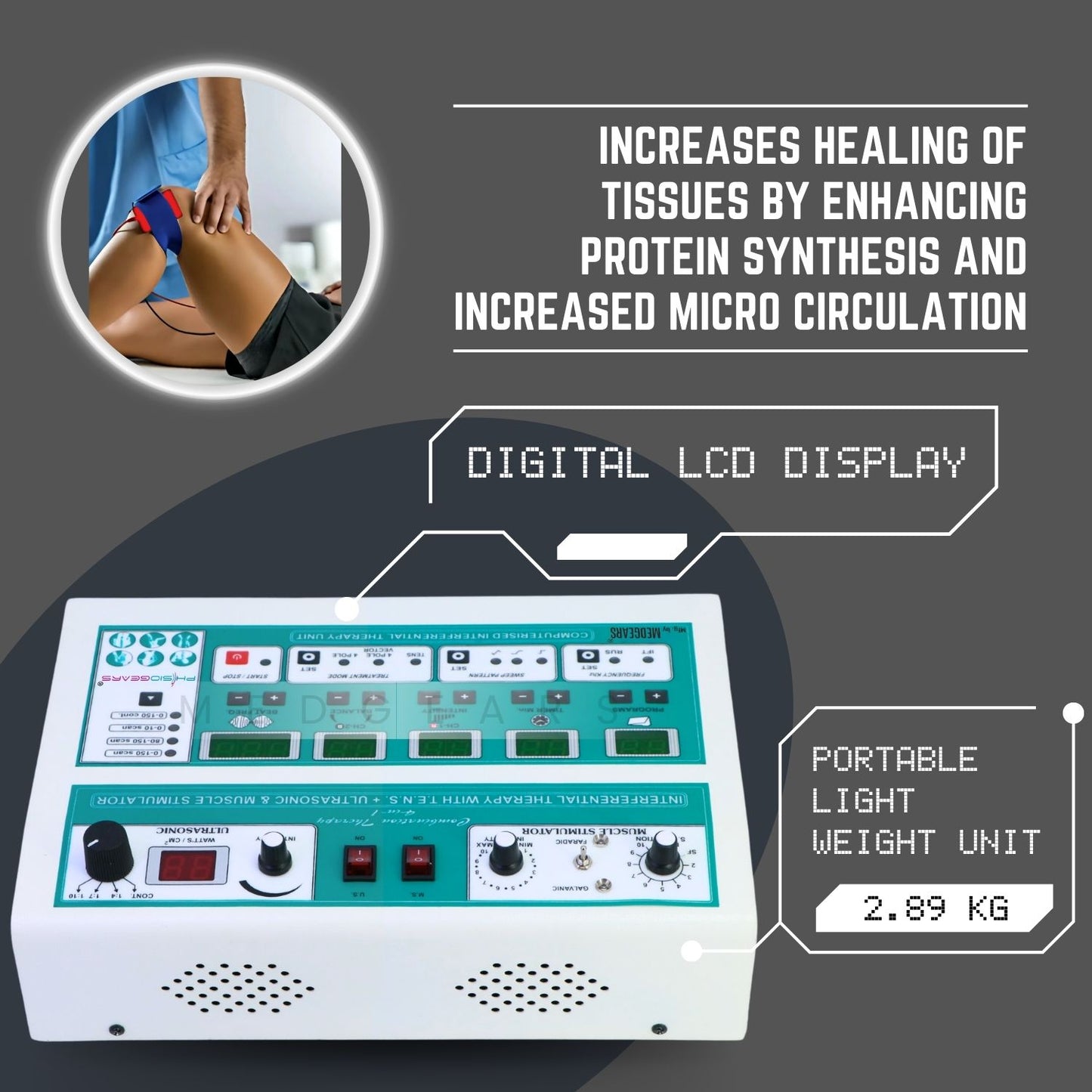 Electrotherapy device with digital LCD display and text highlighting its benefits on a gray background.