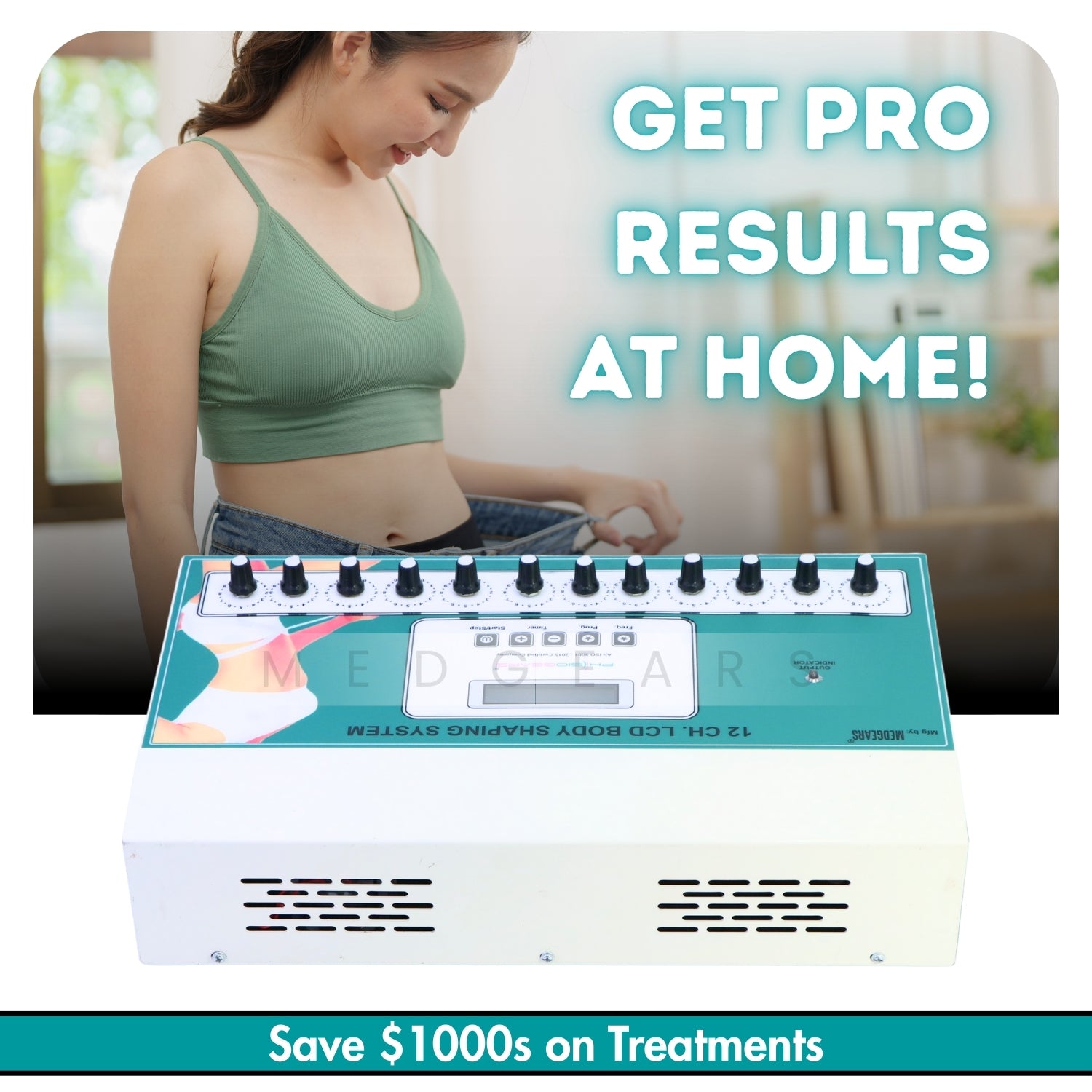 Woman using a home-based device with text promoting pro results at home and savings on treatments.
