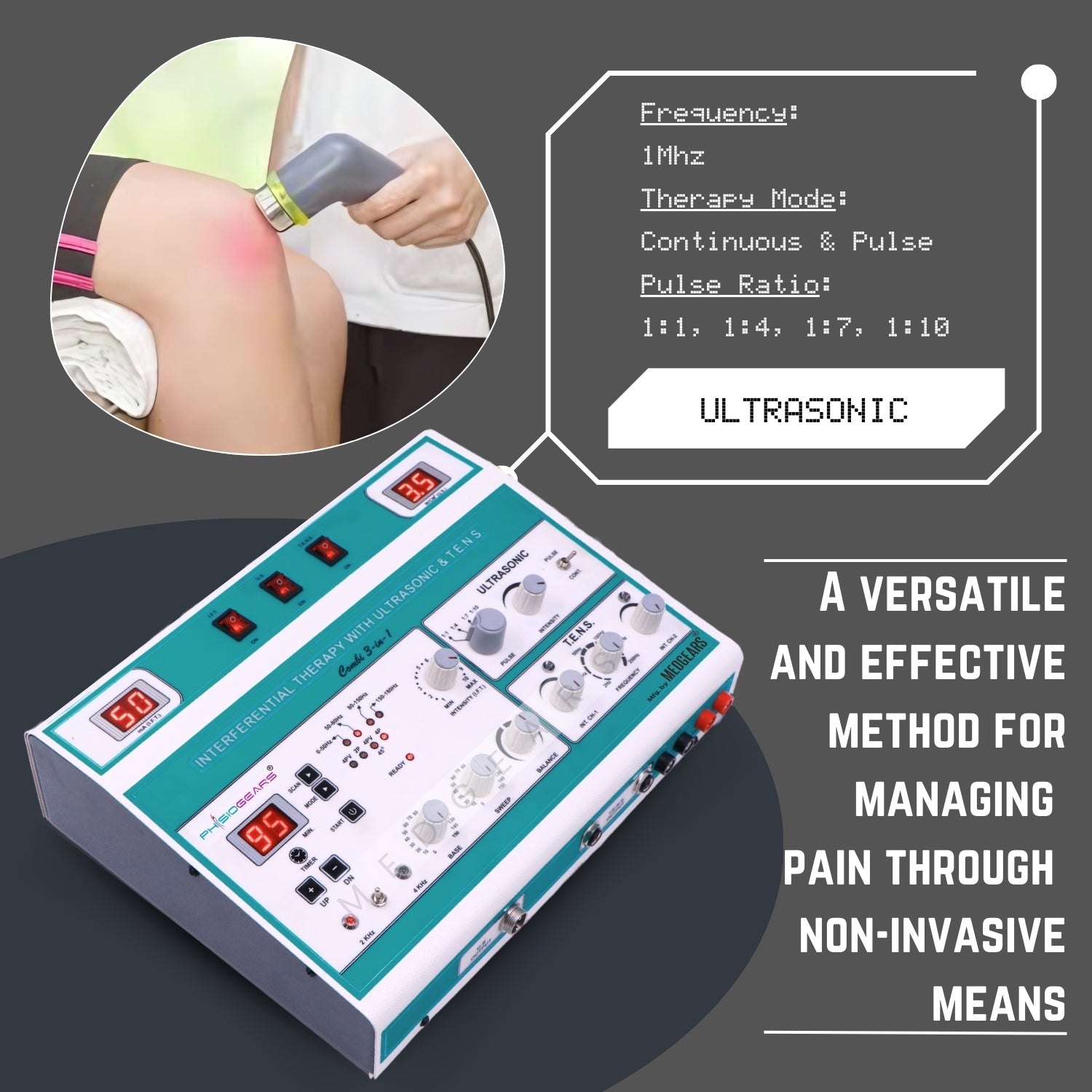 Ultrasonic therapy device with control panel and user instruction text on a dark background