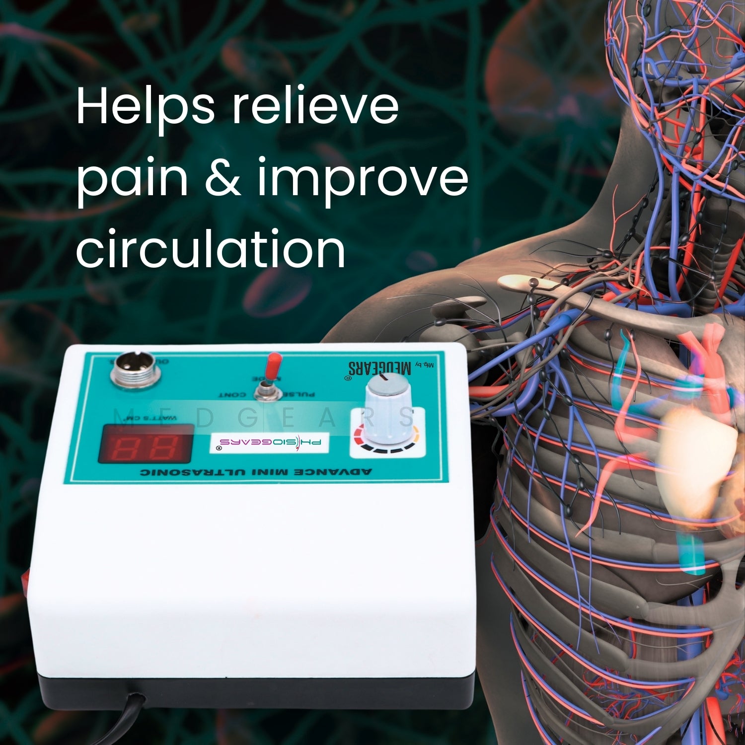 Electrotherapy device with digital display on a background of a human body diagram, highlighting circulation.