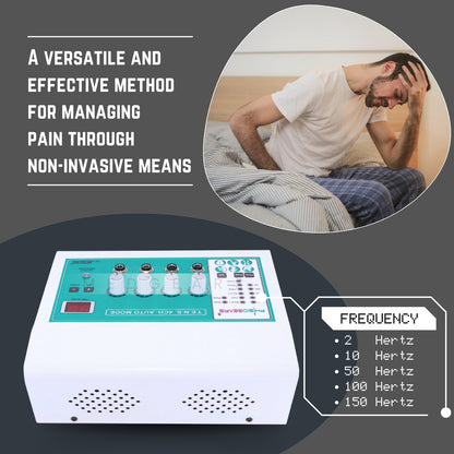 Electrotherapy device with text on pain management and a person in discomfort.