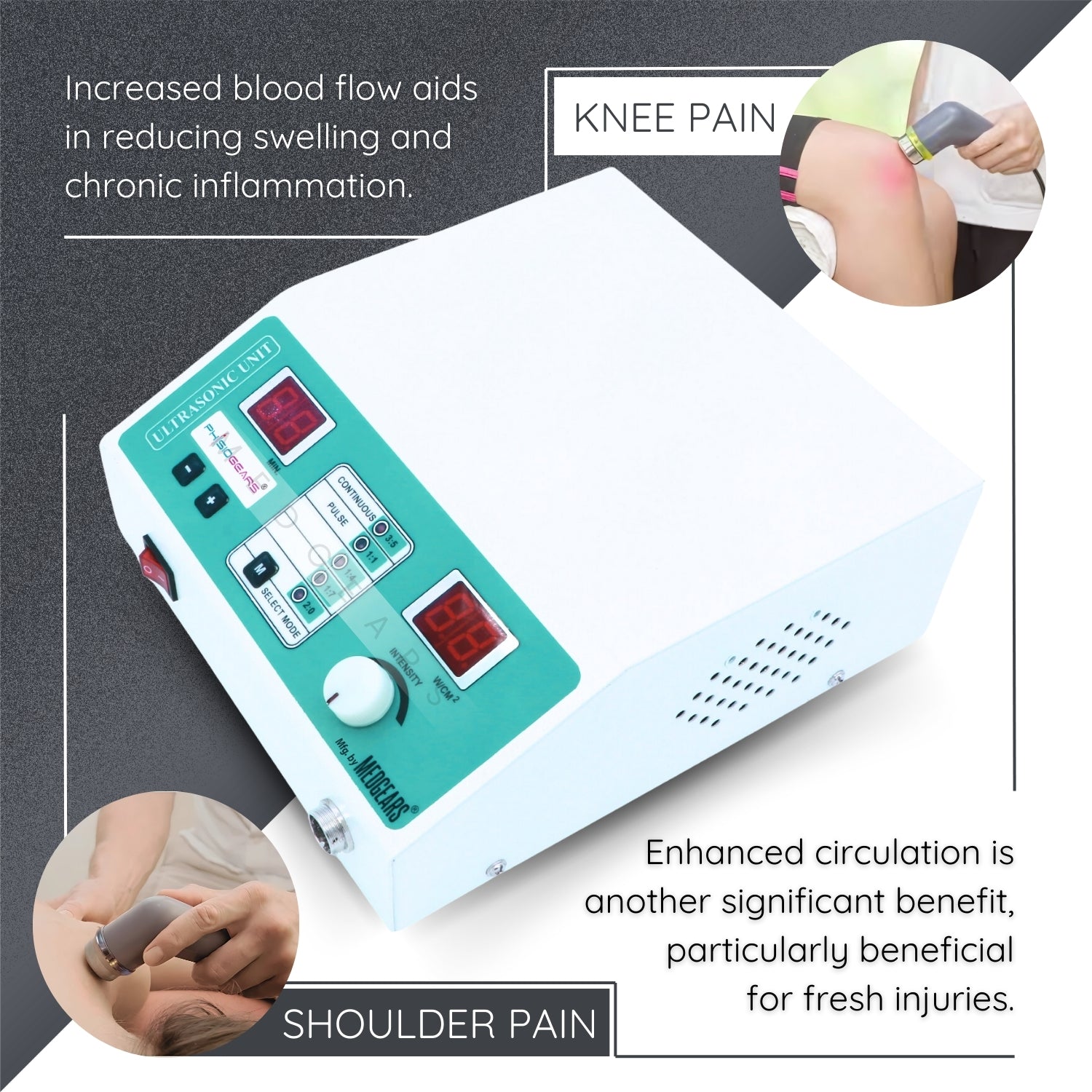 Electrotherapy device for pain relief with text on increased blood flow and circulation benefits.