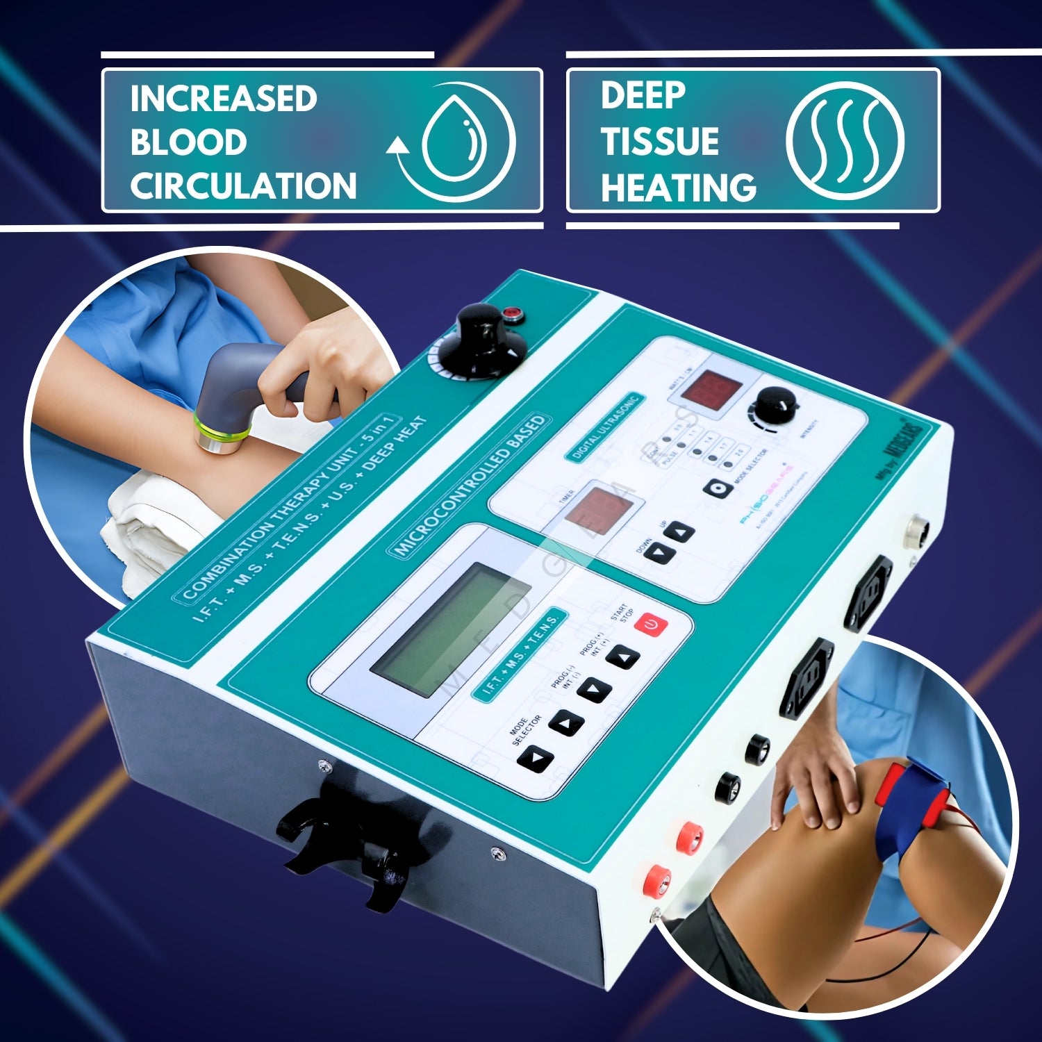 Electrotherapy device with controls and display, used for increased blood circulation and deep tissue heating.